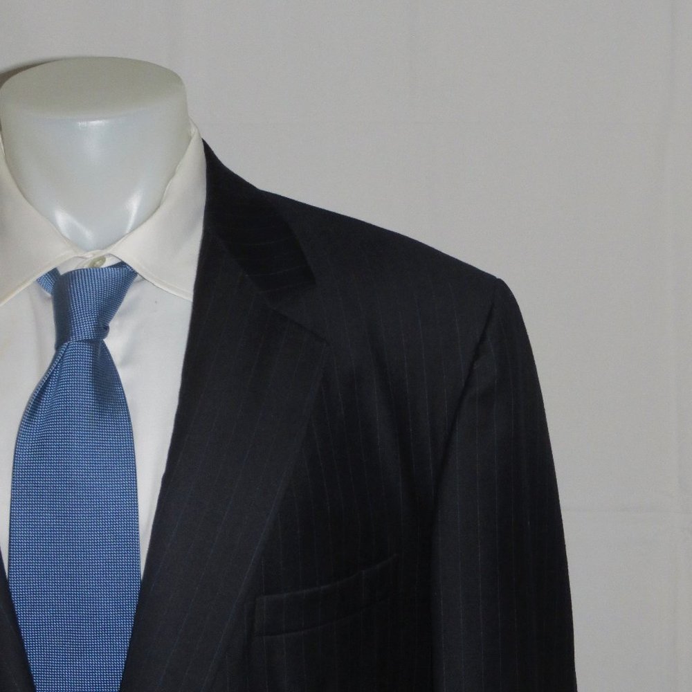 Dunhill Bespoke Blue Striped Two Button Flat Front Suit 44XL
